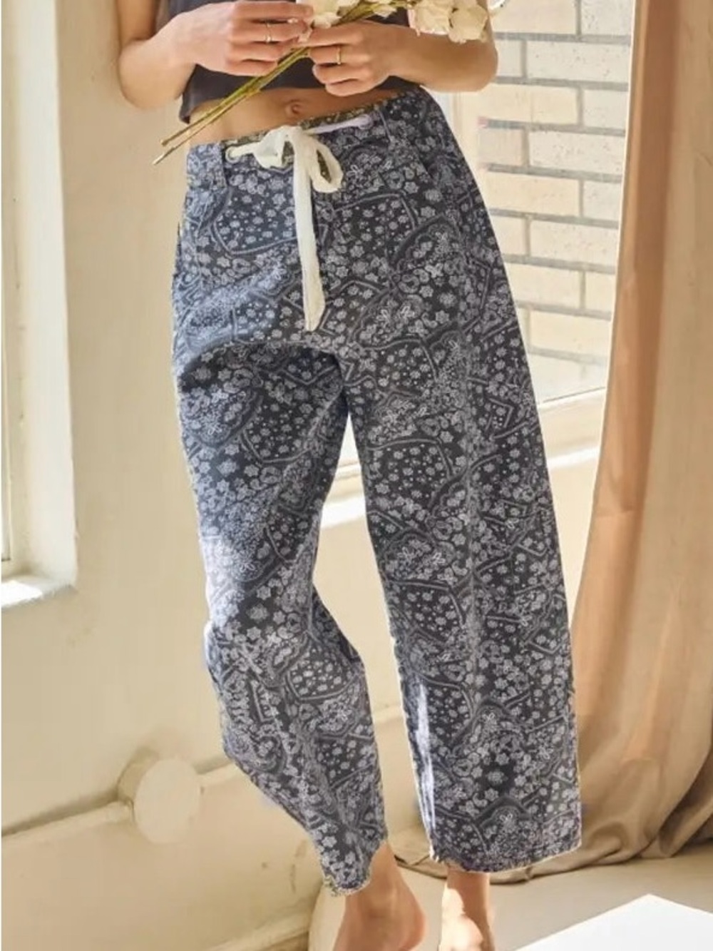 Women's Navy Paisley Drawstring Washed Denim Pants